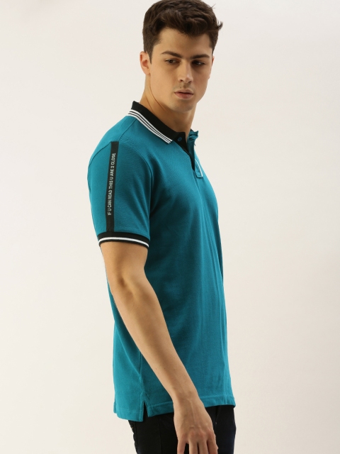 

Moda Rapido Men Teal Blue Solid Polo Collar T-shirt with Taping Detail