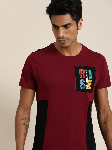 

Moda Rapido Men Maroon & Black Colourblocked Round Neck Pure Cotton T-shirt with Applique Detail