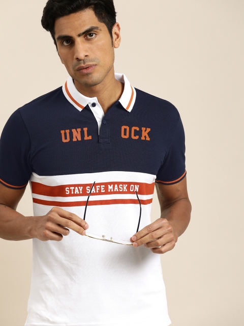 

Moda Rapido Men White Navy Blue Printed Polo Collar Pure Cotton T-shirt