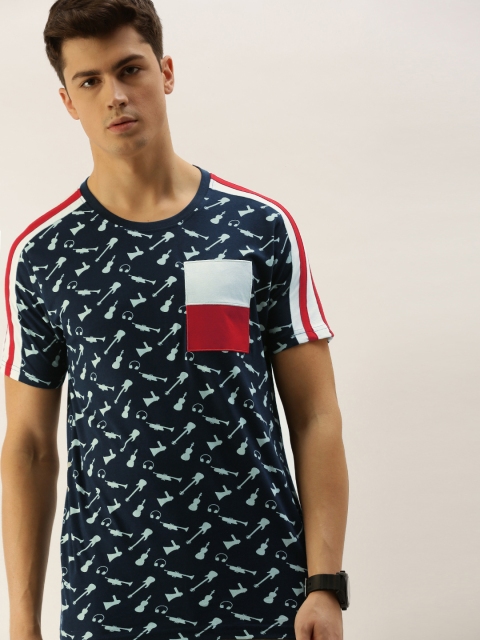 

Moda Rapido Men Navy Blue & White Conversational Printed Round Neck T-shirt