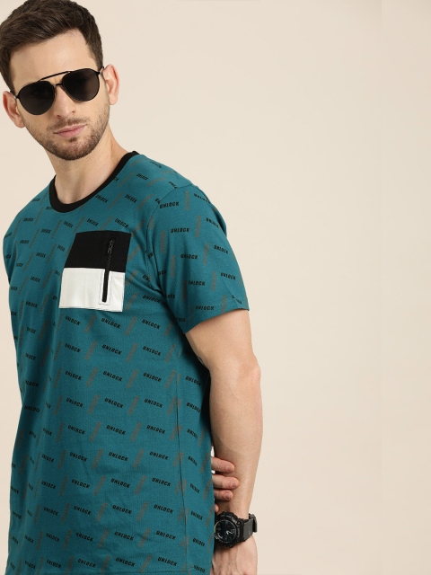 

Moda Rapido Men Teal Blue Printed Round Neck T-shirt with Chest Pocket
