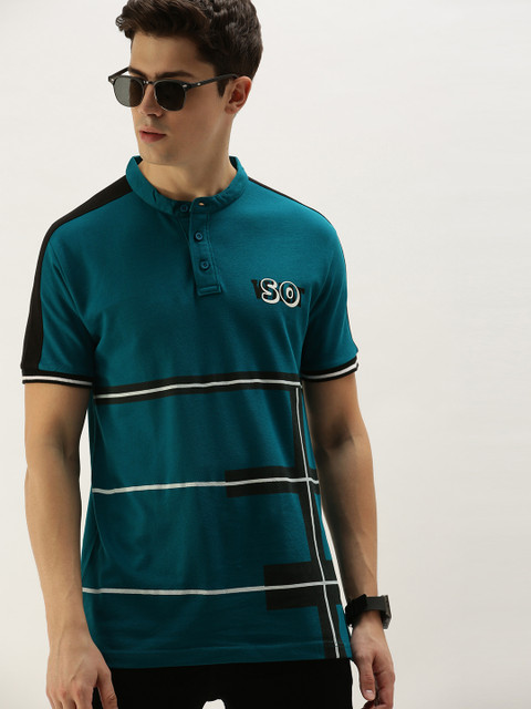 

Moda Rapido Men Teal Blue & Black Striped Mandarin Collar T-shirt with Print Detail