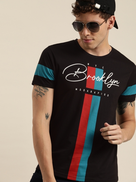 

Moda Rapido Men Black Teal Blue Printed Round Neck Pure Cotton T-shirt