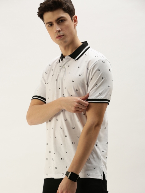 

Moda Rapido Men White Black Printed Polo Collar Pure Cotton T-shirt