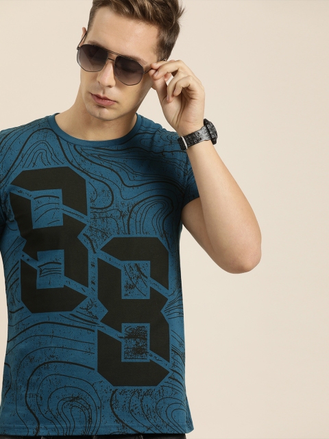 

Moda Rapido Men Teal Blue Black Printed Round Neck Pure Cotton T-shirt