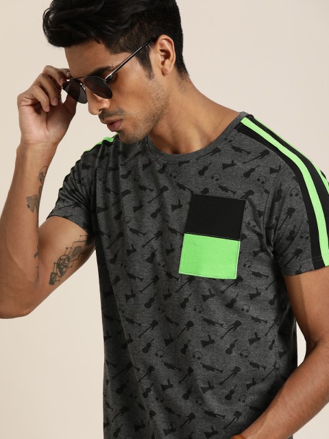 

Moda Rapido Men Charcoal Grey Conversational Printed Round Neck T-shirt with Applique