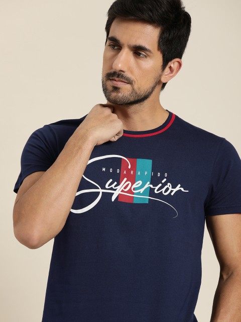 

Moda Rapido Men Navy Blue Printed Round Neck Pure Cotton T-shirt