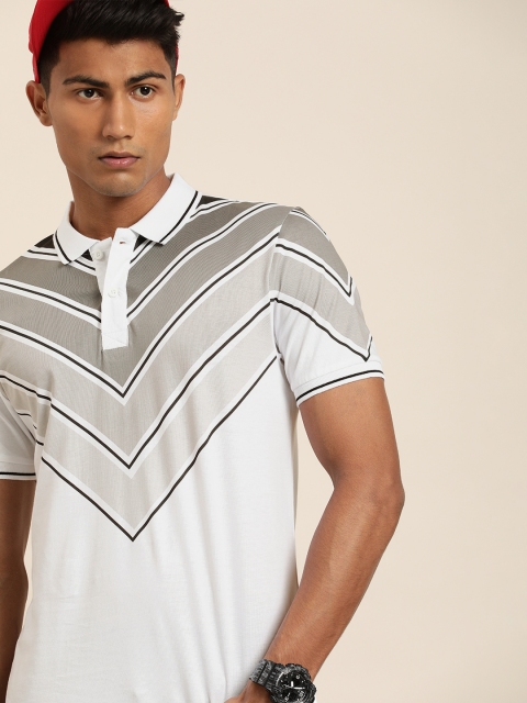 

Moda Rapido Men White Grey Printed Polo Collar Pure Cotton T-shirt