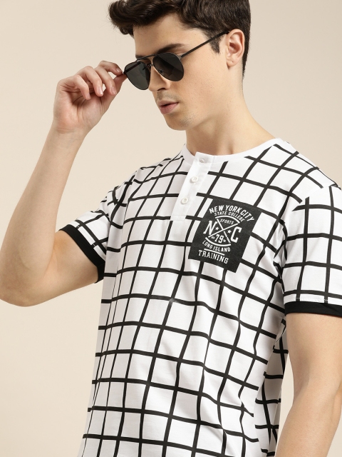 

Moda Rapido Men White Black Checked Henley Neck Pure Cotton T-shirt