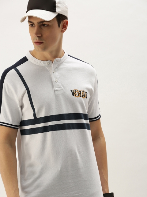 

Moda Rapido Men White Striped Henley Neck T-shirt