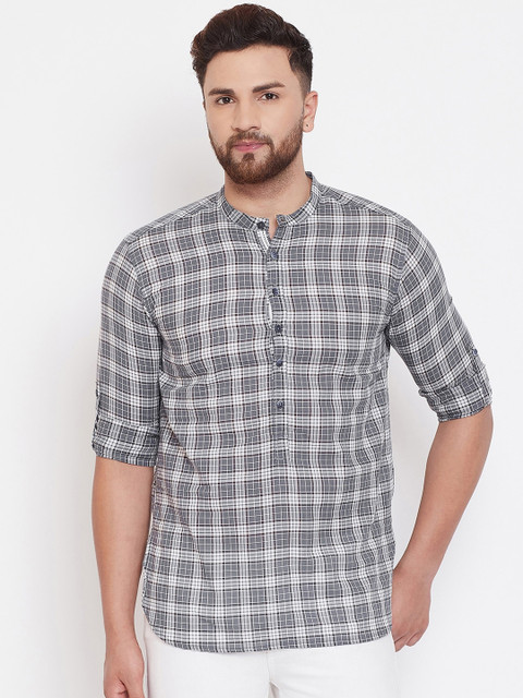 

even Men Grey Checked Straight Kurta