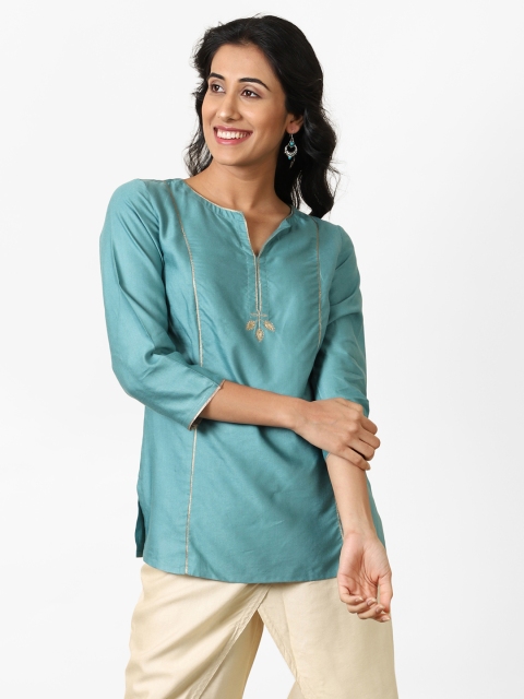 

Fabindia Women Blue Solid Straight Kurti, Turquoise blue