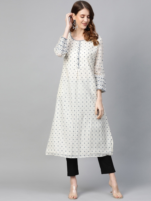 

Fabindia Women White & Blue Woven Design A-Line Kurta