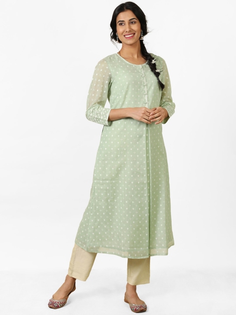 

Fabindia Women Green & White Pleated Printed A-Line Kurta