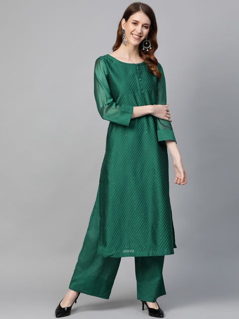 

Fabindia Women Green Pintucks Kurta with Palazzos