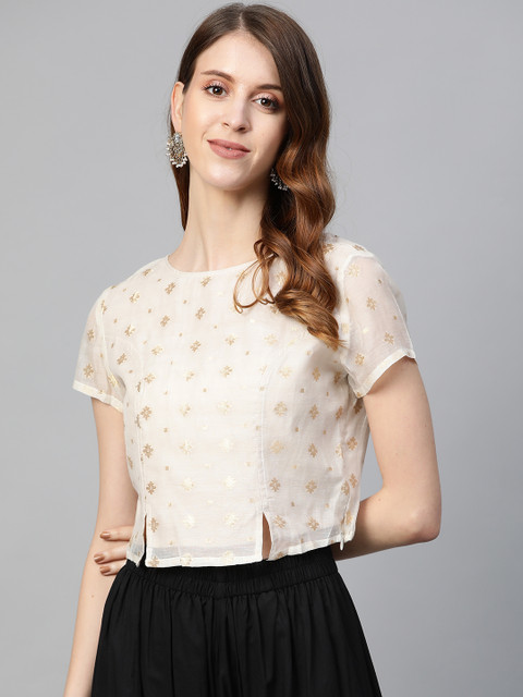 

Fabindia Women Off-White & Golden Woven Design Crop Top