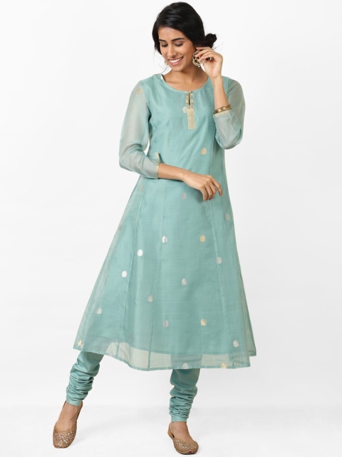 

Fabindia Women Blue & Golden Zari Woven Design Chanderi Kurta with Churidar