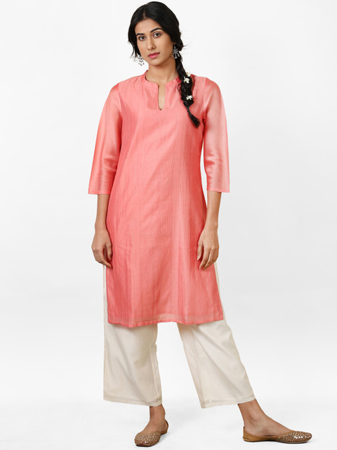 

Fabindia Women Coral Pink Self-Striped Straight Kurta