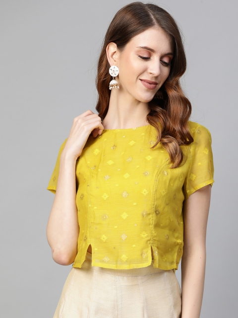 

Fabindia Women Lime Green & Golden Woven Design Crop Top