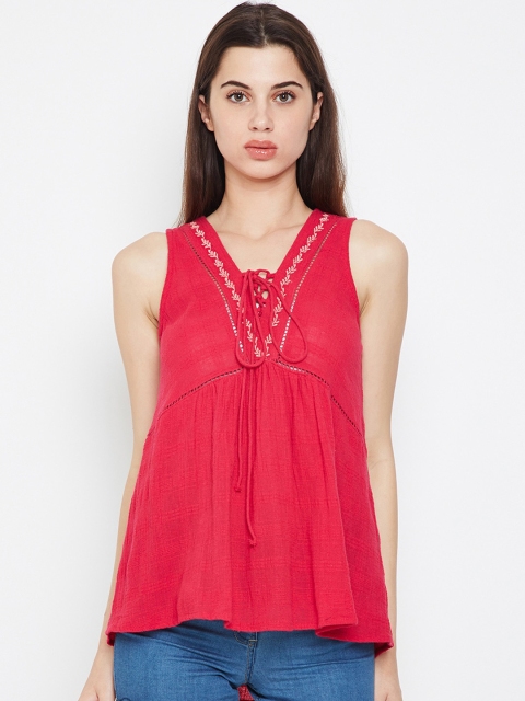 

Oxolloxo Women Red Solid High-Low Pure Cotton Top