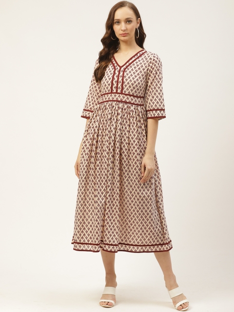 

PIRKO Women Off-White & Coffee Brown Printed A-Line Dress