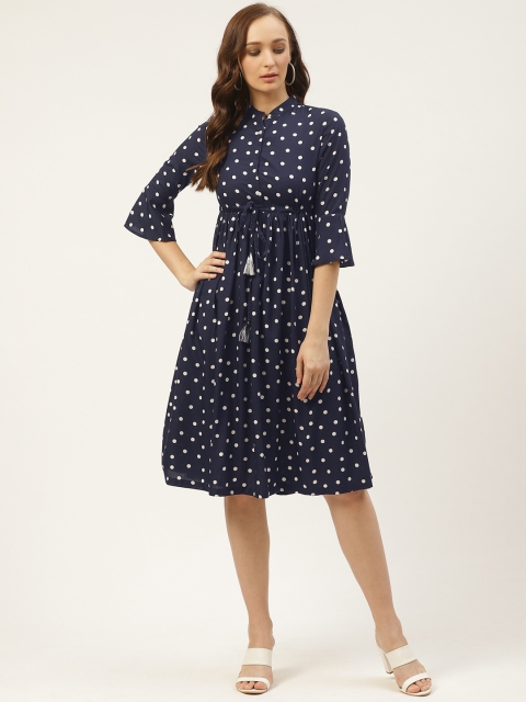 

PIRKO Women Navy Blue & White Polka Dots Printed Empire Dress