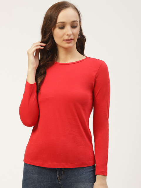 

PIRKO Women Red Solid Round Neck T-shirt