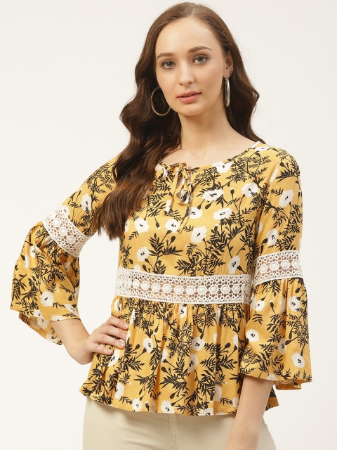 

PIRKO Women Yellow & Black Floral Print A-Line Top