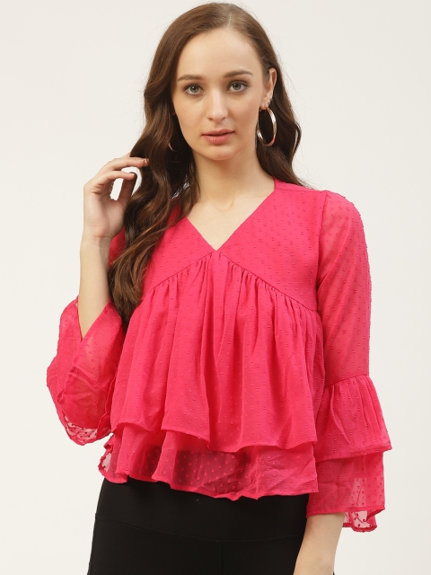 

PIRKO Women Pink Dobby Self Design Layered A-Line Top