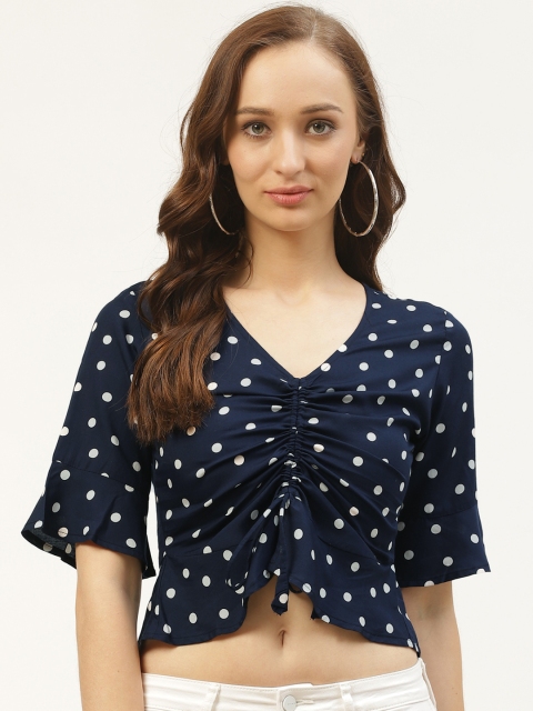 

PIRKO Women Navy Blue & White Polka Dots Print Cropped Top