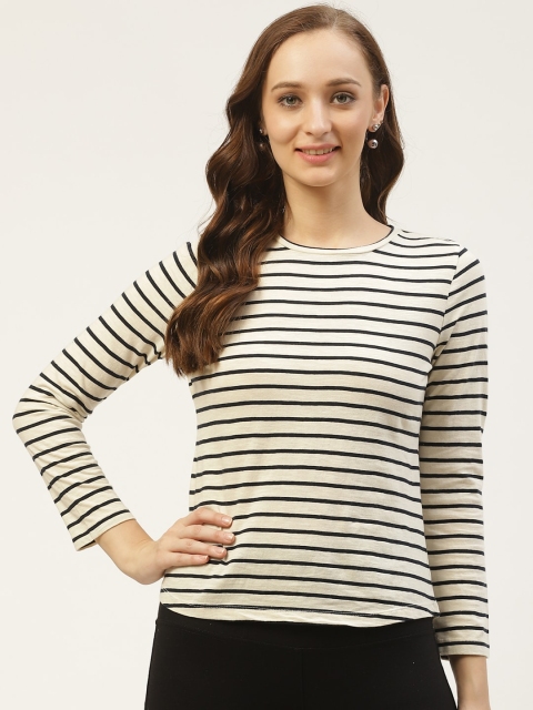 

PIRKO Women Cream-Coloured & Black Striped Round Neck T-shirt