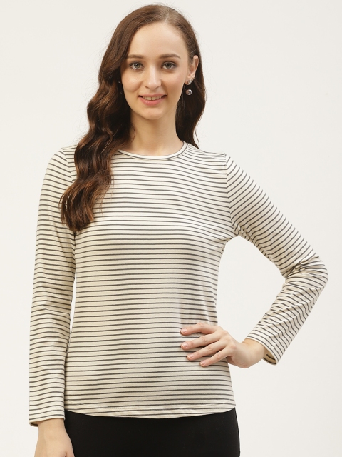 

PIRKO Women Cream-Coloured & Charcoal Grey Striped Round Neck T-shirt