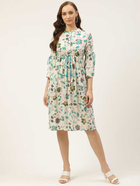 

PIRKO Women Off-White & Sea Green Floral Printed Empire Dress