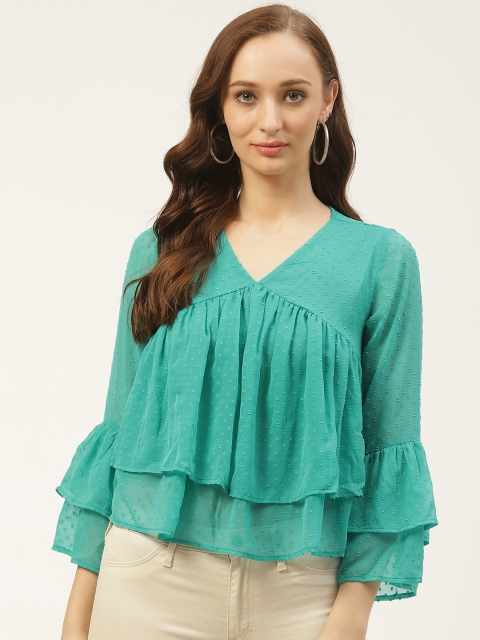 

PIRKO Women Green Dobby Self Design Layered A-Line Top