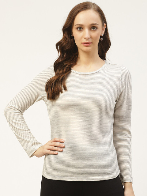 

PIRKO Women Off-White Self-Striped Round Neck T-shirt