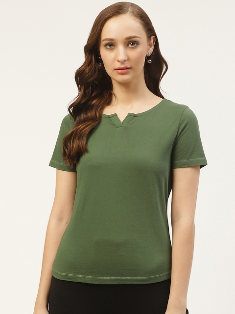 

PIRKO Women Olive Green Solid Round Neck T-shirt