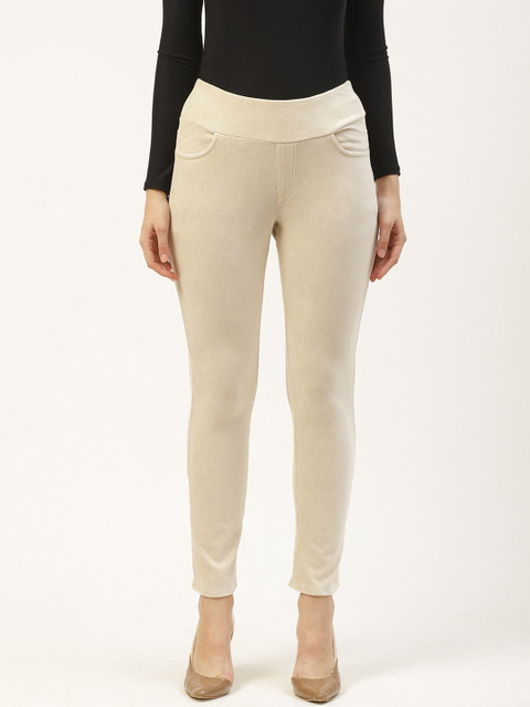 

PIRKO Women Off-White Slim Fit Solid Velvet Corduroy Treggings