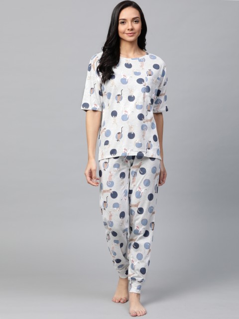 

Marks & Spencer Women Grey Melange & Blue Printed Night suit