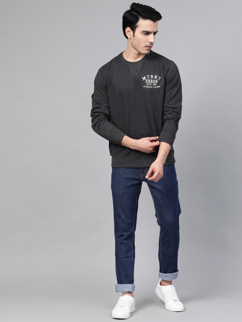 

Metronaut Men Charcoal Black Solid Sweatshirt with Printed Detail