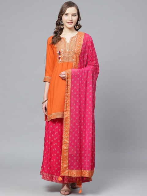 

Rain & Rainbow Women Orange & Pink Zari Yoke Design Kurta with Palazzos & Dupatta