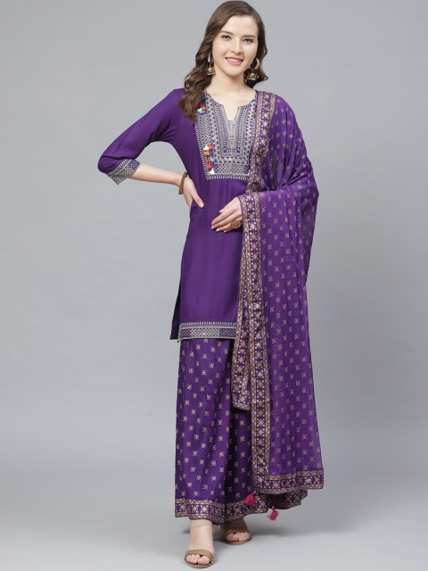 

Rain & Rainbow Women Purple & Zari Yoke Design Kurta with Palazzos & Dupatta