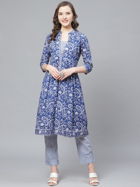 

Rain & Rainbow Women Navy Blue & White Paisley Print Kurta with Trousers