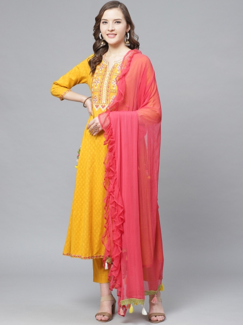 

Rain & Rainbow Women Yellow & Coral Pink Dobby Self Design Kurta with Trousers & Dupatta