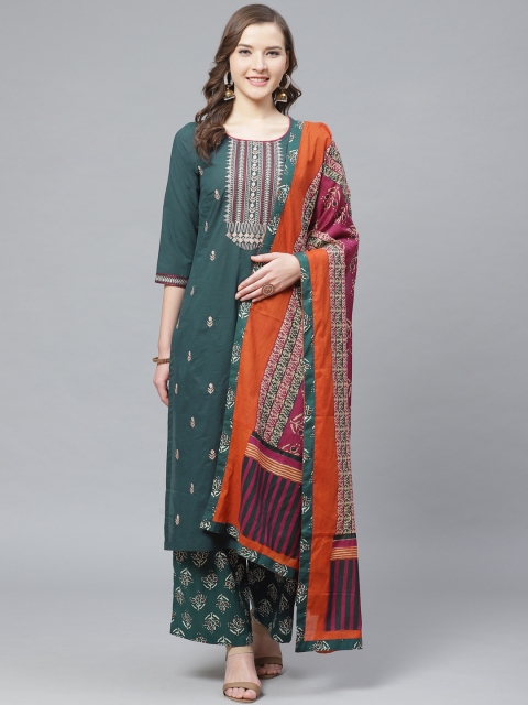 

Rain & Rainbow Women Teal Green & Orange Embroidered Kurta with Palazzos & Dupatta