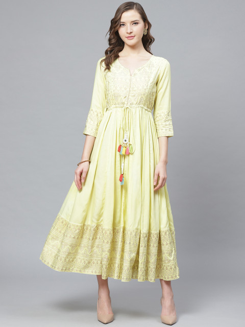 

Rain & Rainbow Women Lime Green & Golden Sequinned Yoke Printed Tie-Up Maxi Dress