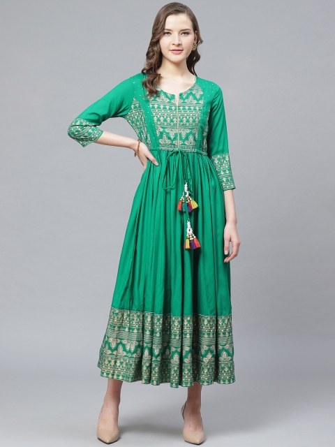 

Rain & Rainbow Women Green & Golden Printed Maxi Dress