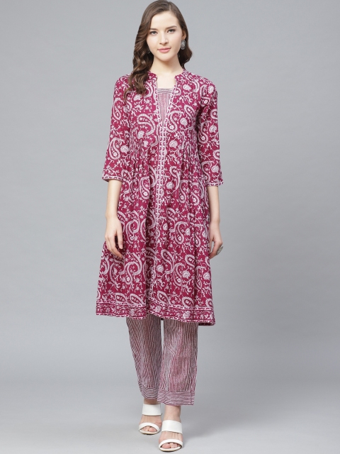 

Rain & Rainbow Women Magenta & White Paisley Print Kurta with Trousers