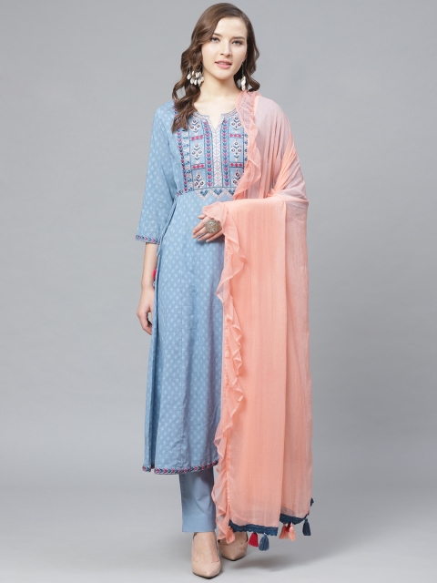 

Rain & Rainbow Women Blue & Peach-Coloured Dobby Self Design Kurta with Trousers & Dupatta