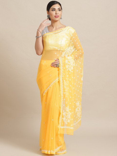 

ADA Yellow & White Chikankari Embroidered Handloom Saree