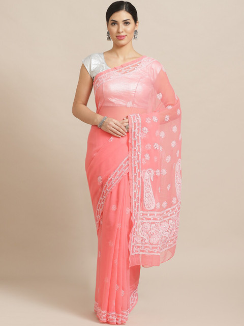 

ADA Pink & White Chikankari Hand Embroidered Sustainable Saree